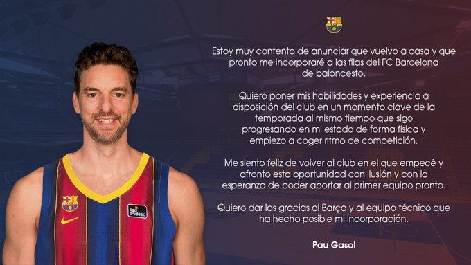 Pau Gasol hace oficial su vuelta a la Liga ACB