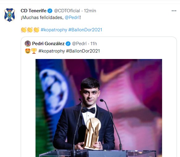 El Tenerife se une a las felicitaciones a Pedri