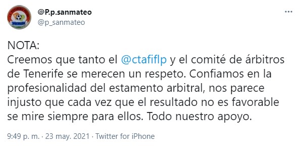 Tenerife silencia la designación arbitral del Paso-San Mateo