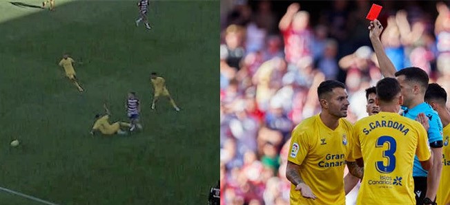 El árbitro explica la segunda roja a Vitolo como jugador de la UD